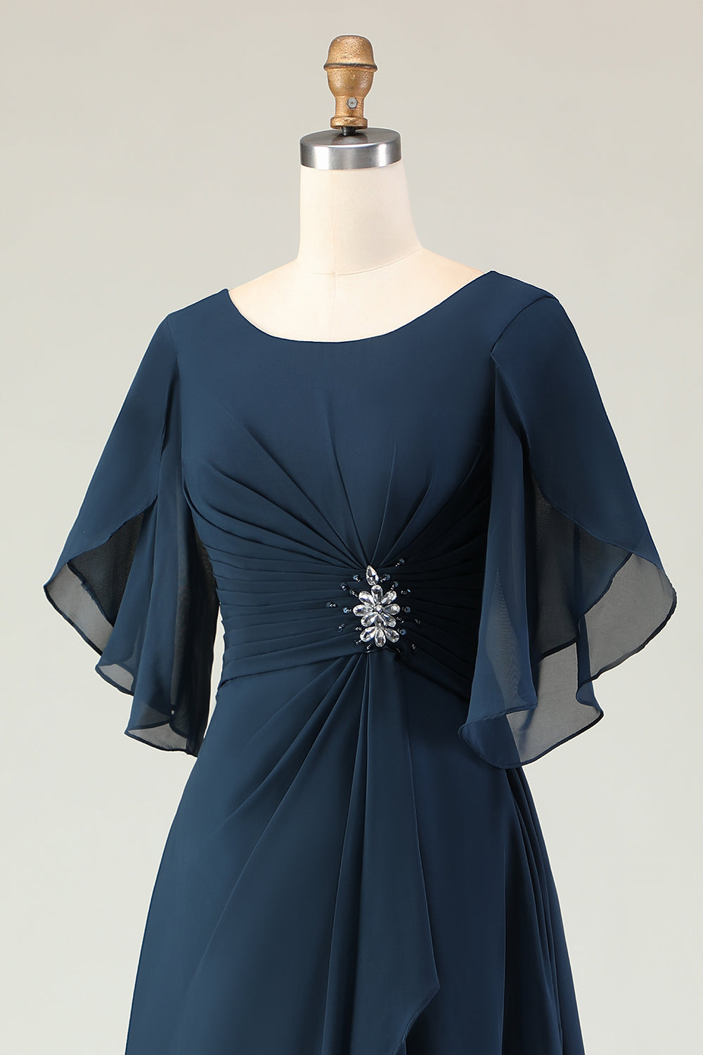 Sparkly Navy A-Line Beaded Midi Mother of the Bride Dress with Sleeves