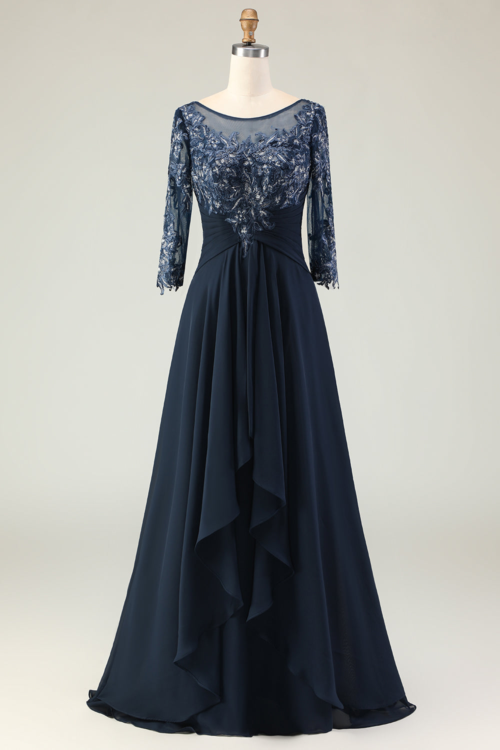 Navy Appliqued Ruffled Round Neck Long Mother of the Bride Dress