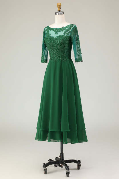 Green Boat Neck Lace Midi Mother of the Bride Dress