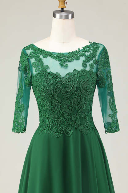 Green Boat Neck Lace Midi Mother of the Bride Dress