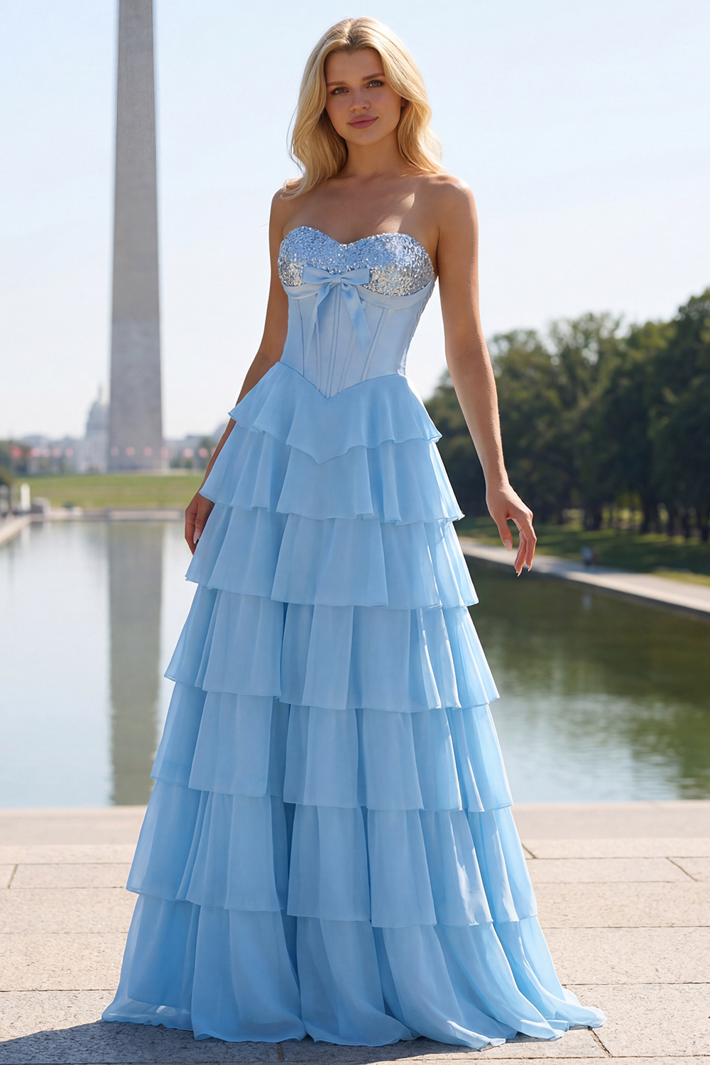 Sparkly Blue Sequin Ruffled Tiered Long Corset Prom Dress with Bow