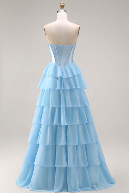 Sparkly Blue Sequin Ruffled Tiered Long Corset Prom Dress with Bow