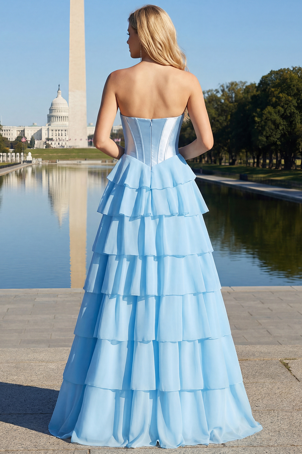 Sparkly Blue Sequin Ruffled Tiered Long Corset Prom Dress with Bow