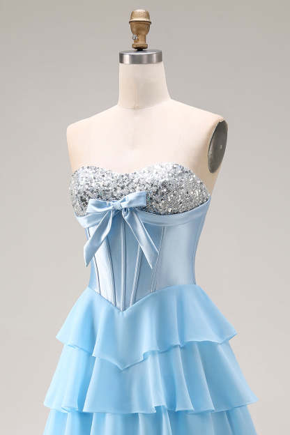 Sparkly Blue Sequin Ruffled Tiered Long Corset Prom Dress with Bow