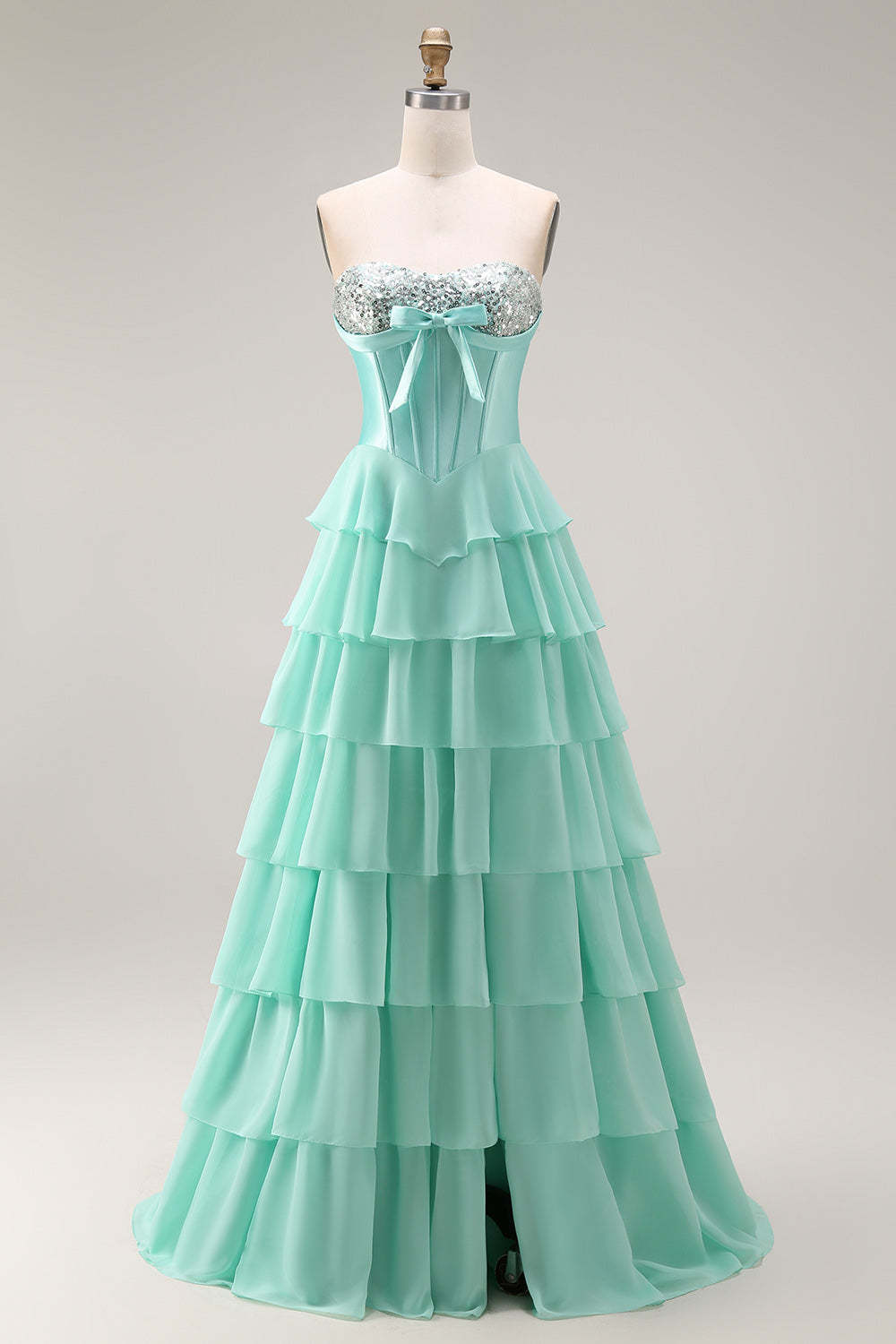 Sparkly Blue Sequin Ruffled Tiered Long Corset Prom Dress with Bow