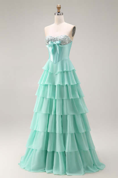 Sparkly Blue Sequin Ruffled Tiered Long Corset Prom Dress with Bow