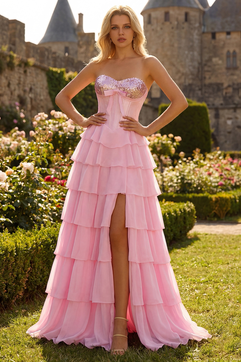 Sparkly Pink Tiered Sequin Ruffled A Line Long Corset Prom Dress with Bow