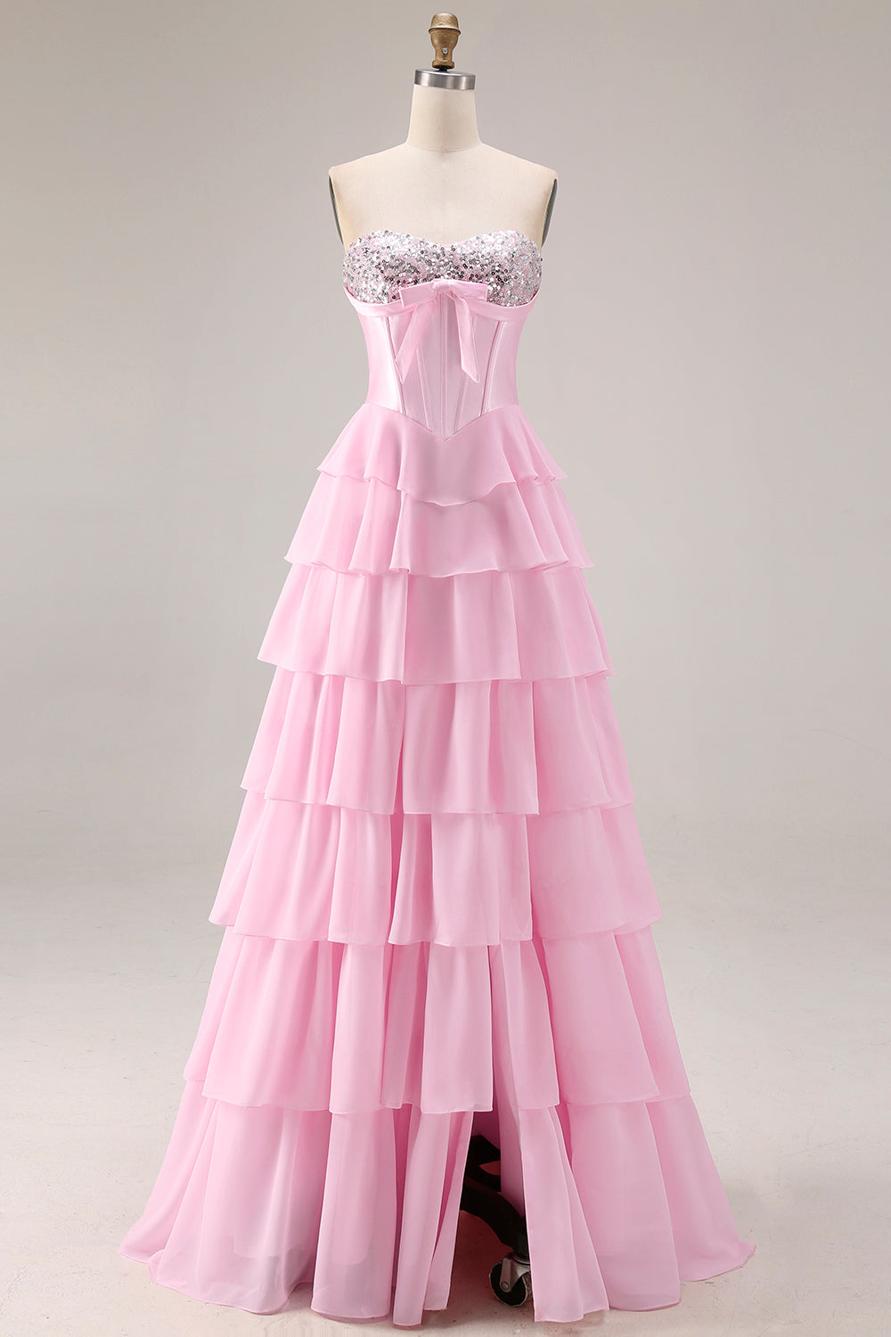 Sparkly Pink Tiered Sequin Ruffled A Line Long Corset Prom Dress with Bow