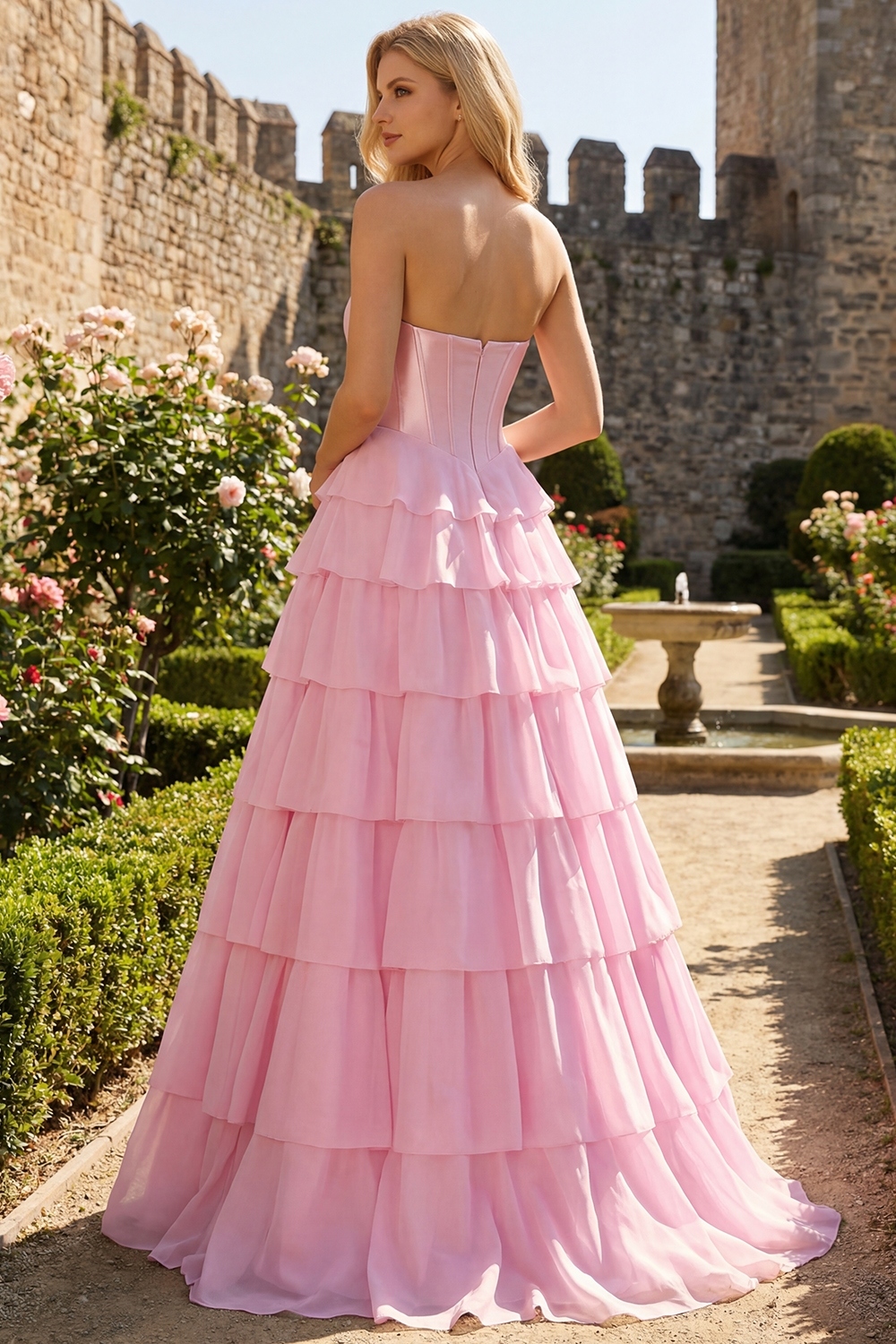Sparkly Pink Tiered Sequin Ruffled A Line Long Corset Prom Dress with Bow