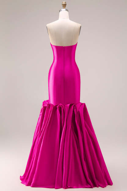 Fuchsia Mermaid Satin Sweetheart Long Ruffled Prom Dress