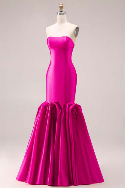 Fuchsia Mermaid Satin Sweetheart Long Ruffled Prom Dress