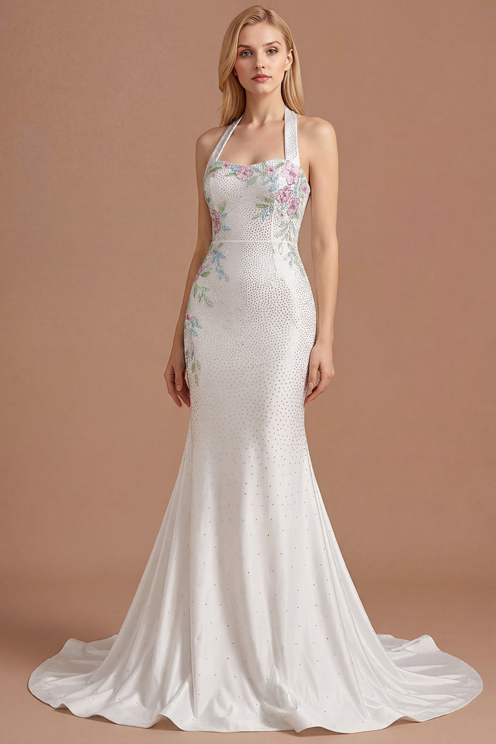 Sparkly Beaded White Mermaid Floral Maxi Wedding Reception Dress