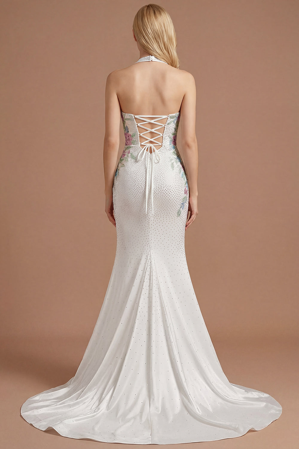 Sparkly Beaded White Mermaid Floral Maxi Wedding Reception Dress