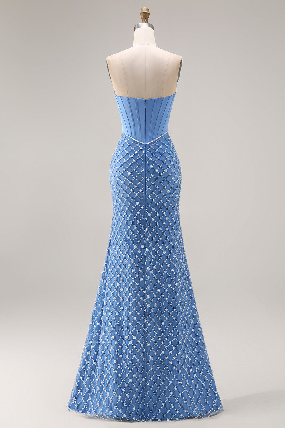 Blue Strapless Mermaid Long Corset Prom Dress with Slit