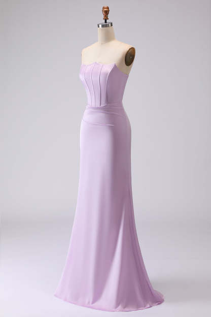 Lilac Mermaid Strapless Long Corset Bridesmaid Dress