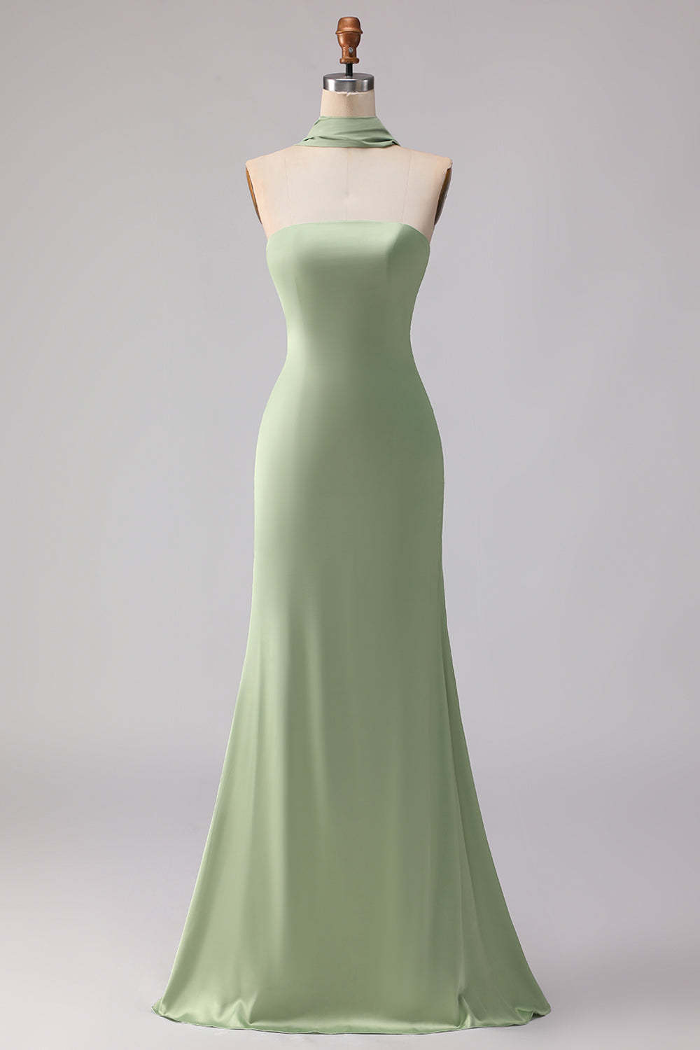 Dusty Sage Satin Strapless Mermaid Maxi Bridesmaid Dress