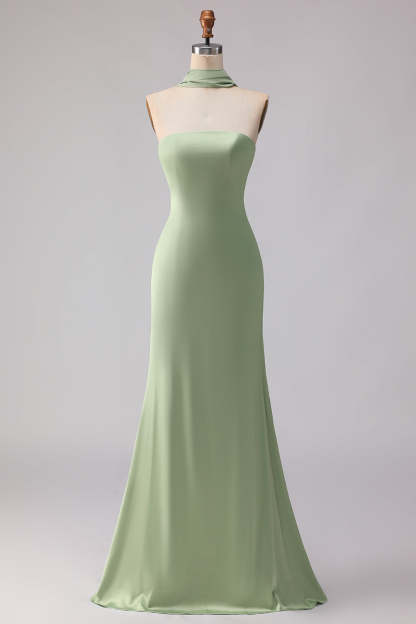 Dusty Sage Satin Strapless Mermaid Maxi Bridesmaid Dress