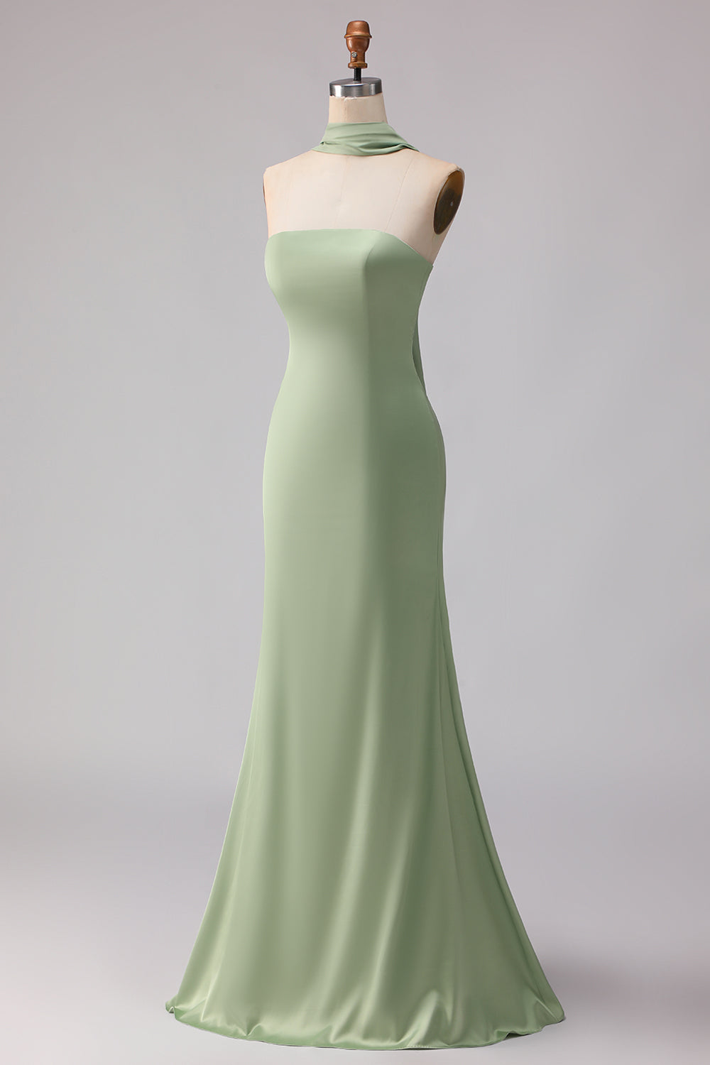Dusty Sage Satin Strapless Mermaid Maxi Bridesmaid Dress