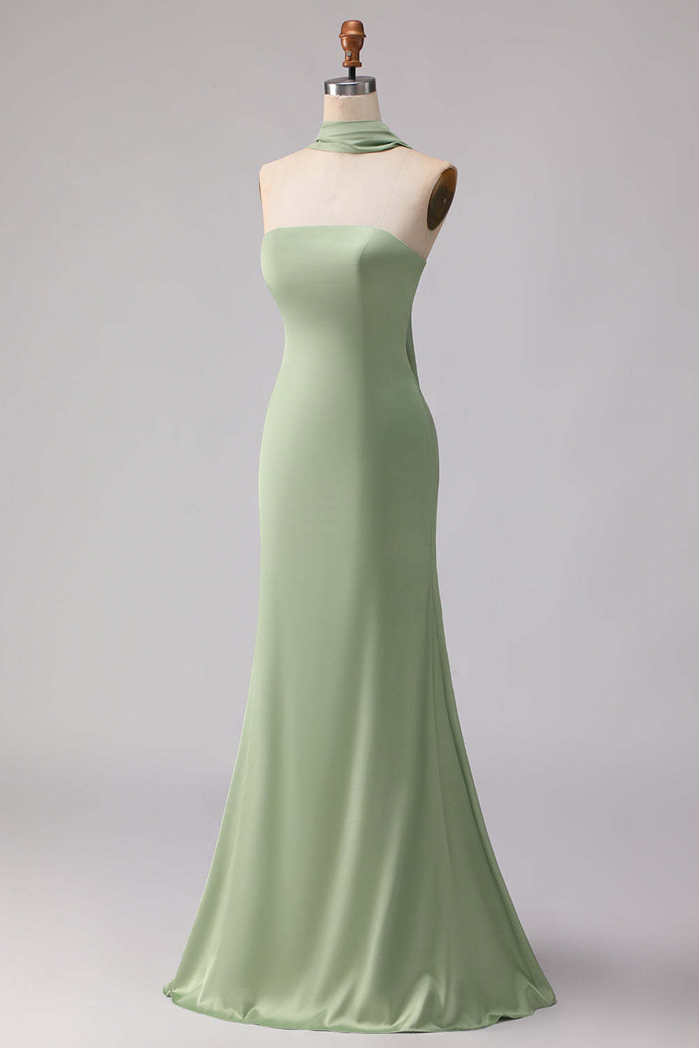 Dusty Sage Satin Strapless Mermaid Maxi Bridesmaid Dress