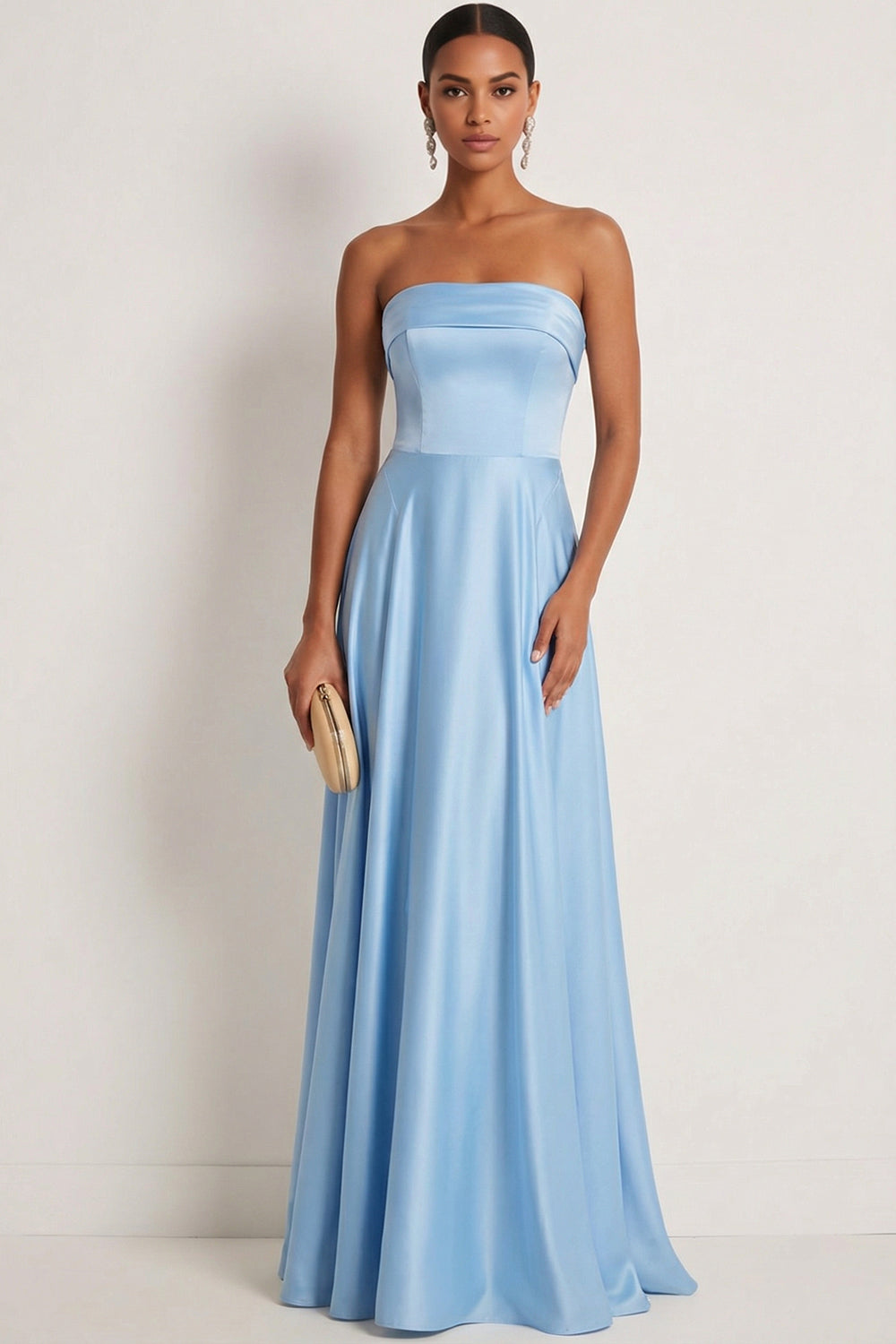 Leely Women Steel Blue A Line Maxi Bridesmaid Dress Satin Strapless Sleeveless Backless Wedding Guest Dress