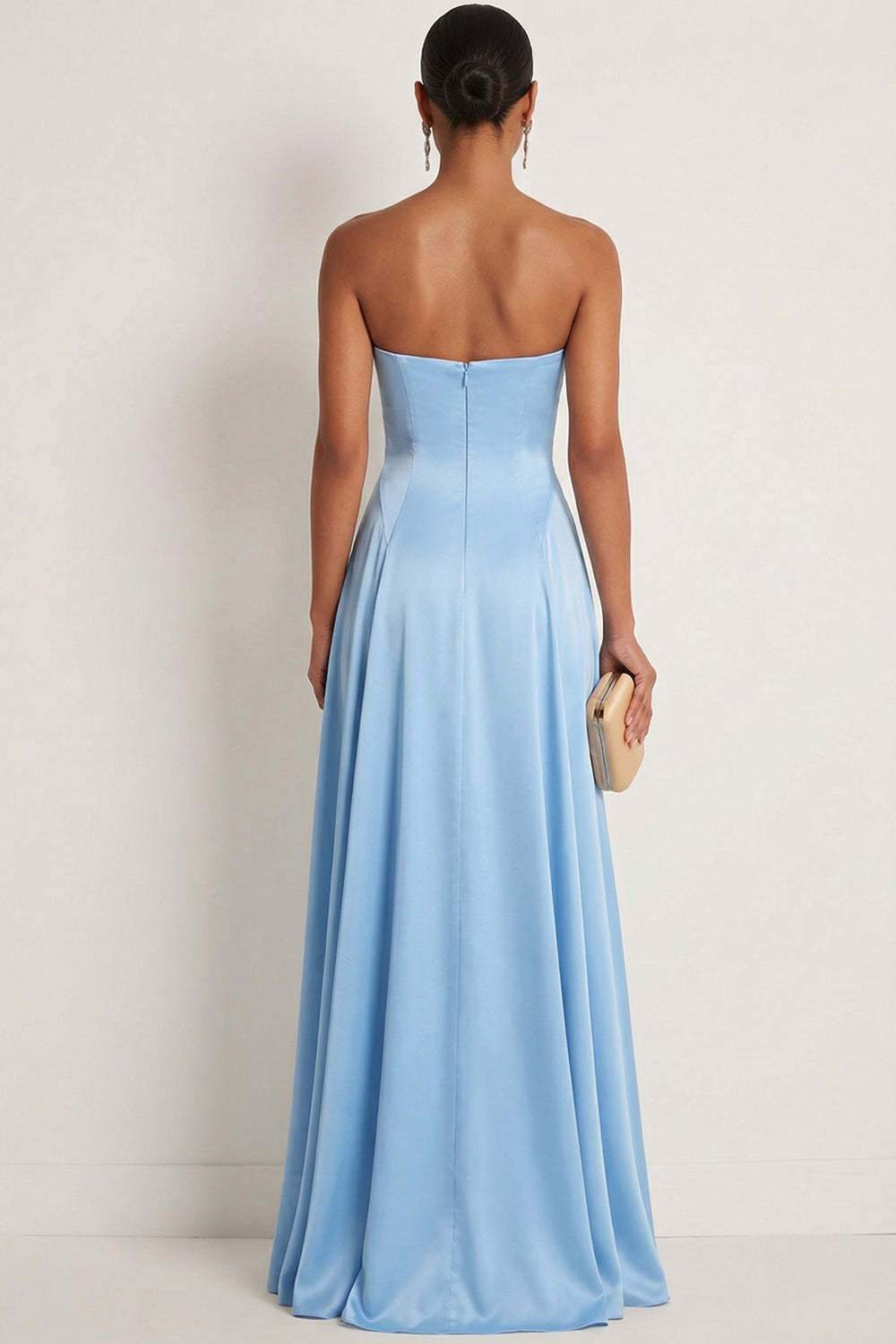 Steel Blue A Line Strapless Backless Maxi Bridesmaid Dress