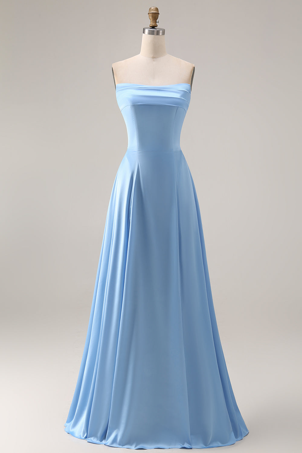 Steel Blue A Line Strapless Backless Maxi Bridesmaid Dress