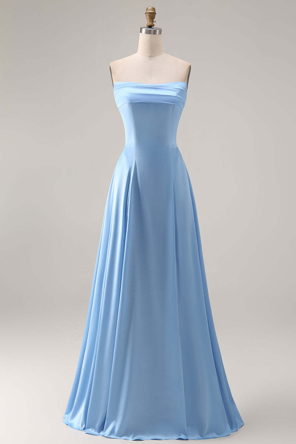Steel Blue A Line Strapless Backless Maxi Bridesmaid Dress