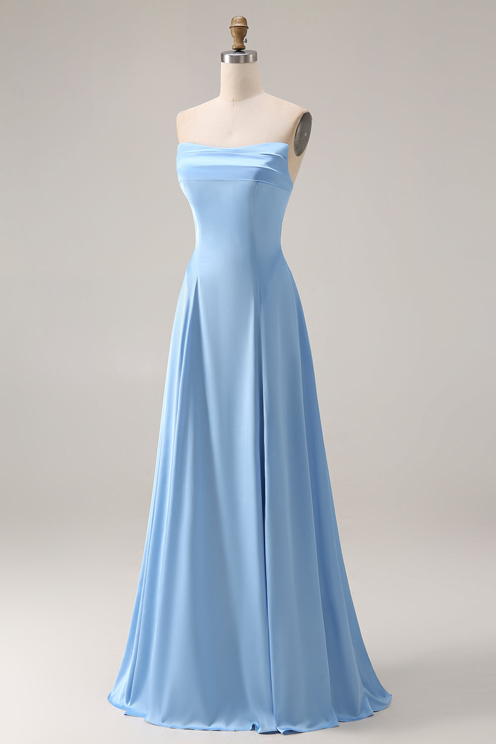 Steel Blue A Line Strapless Backless Maxi Bridesmaid Dress