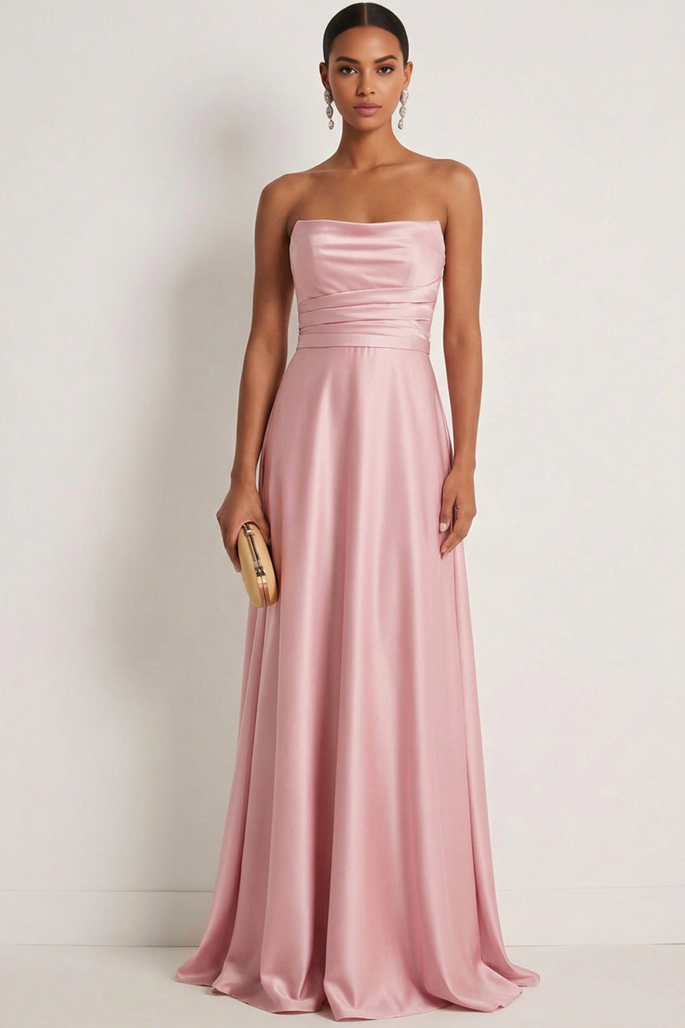 Dusty Rose A Line Draped Satin Maxi Bridesmaid Dress
