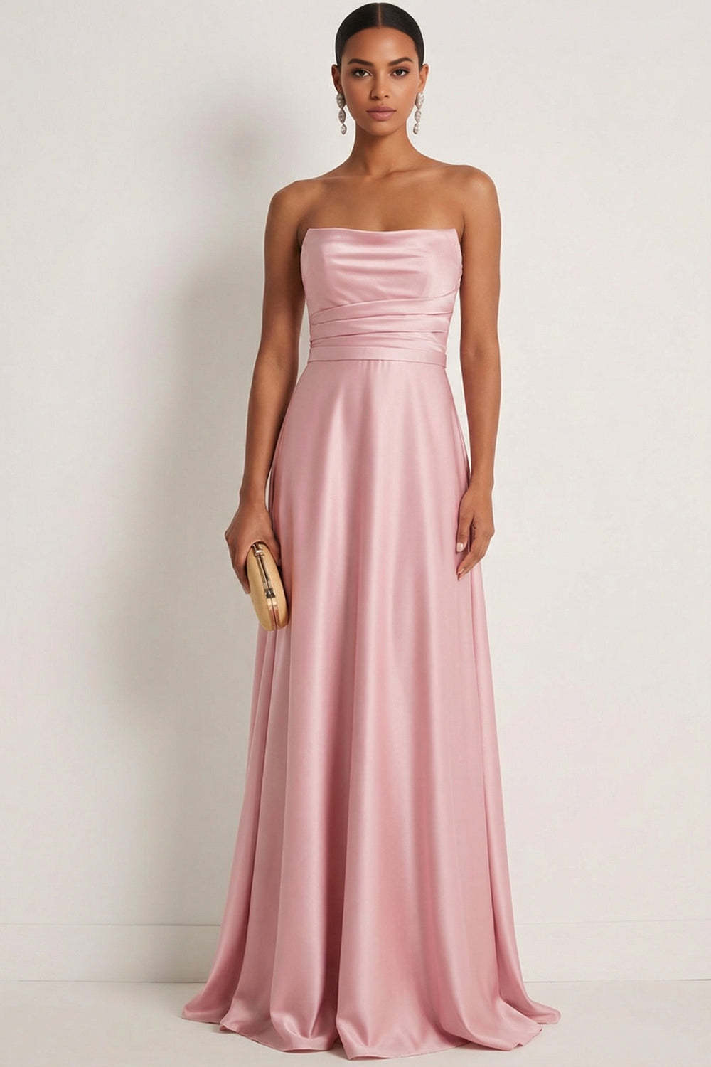 Dusty Rose A Line Draped Satin Maxi Bridesmaid Dress