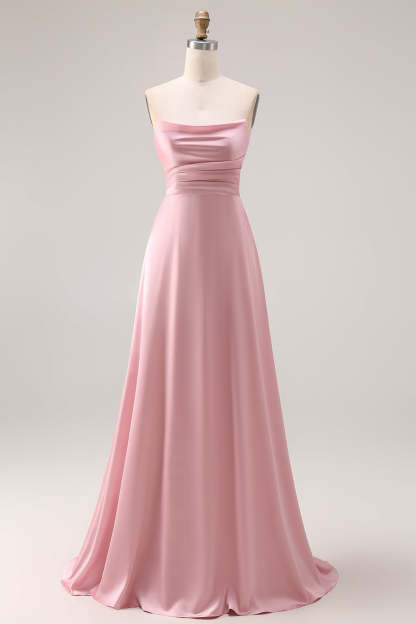 Dusty Rose A Line Draped Satin Maxi Bridesmaid Dress