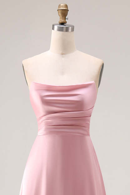 Dusty Rose A Line Draped Satin Maxi Bridesmaid Dress
