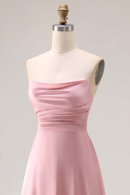 Dusty Rose A Line Draped Satin Maxi Bridesmaid Dress