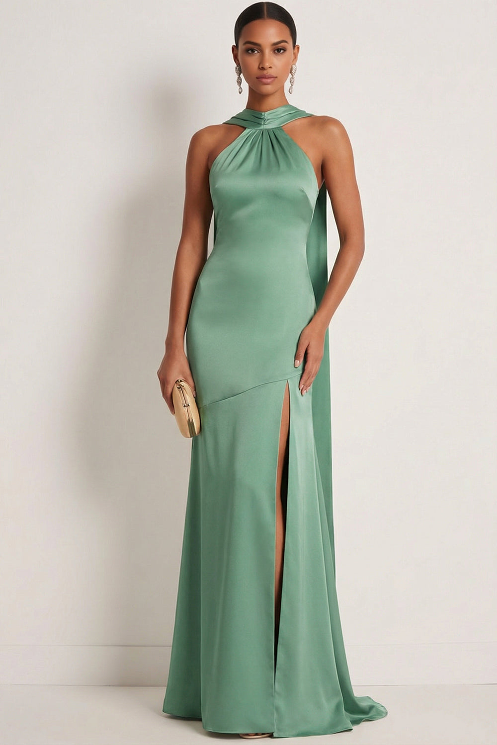 Eucalyptus Satin Halter Neck Mermaid Maxi Bridesmaid Dress with Slit