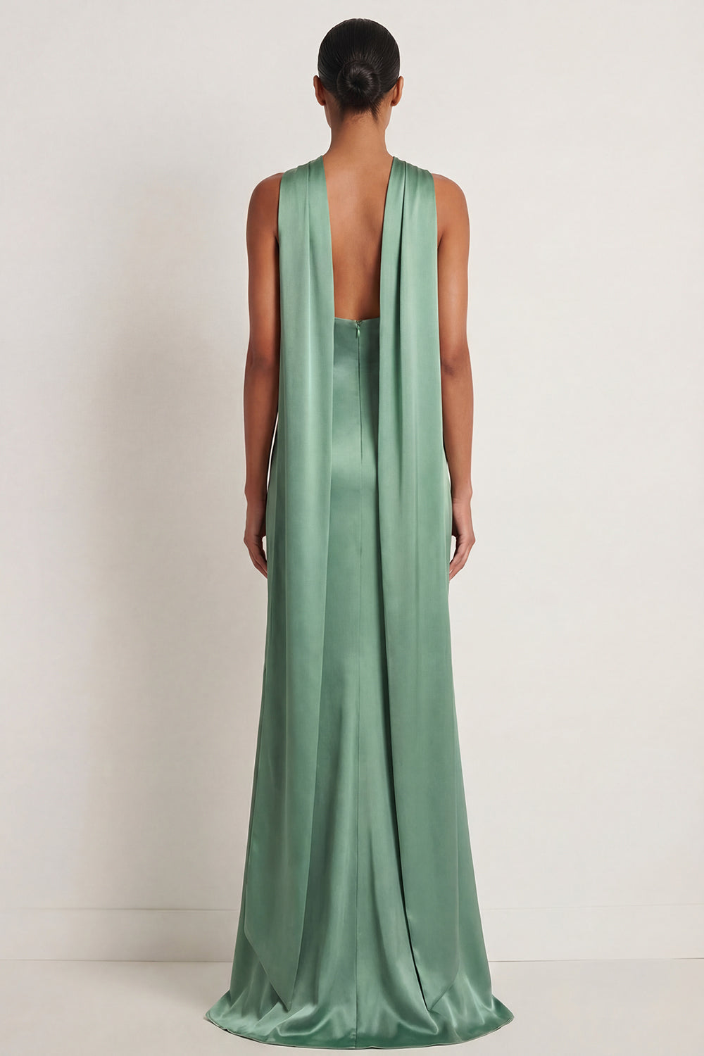 Eucalyptus Satin Halter Neck Mermaid Maxi Bridesmaid Dress with Slit