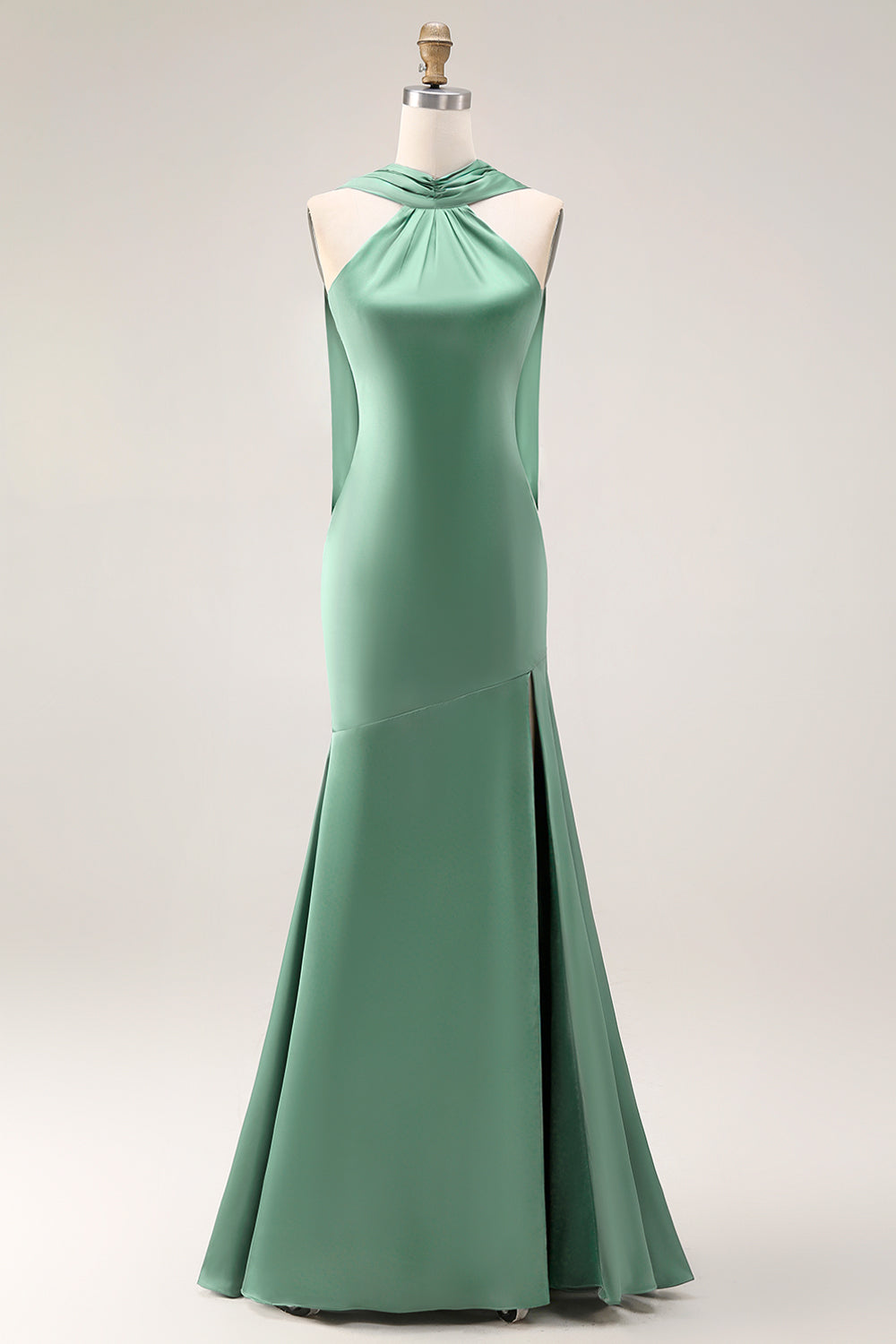 Eucalyptus Satin Halter Neck Mermaid Maxi Bridesmaid Dress with Slit