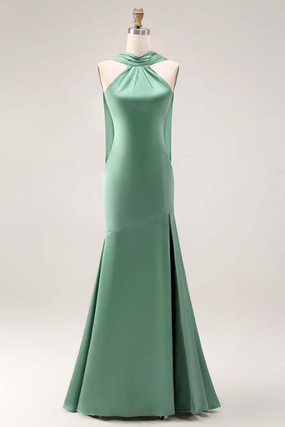 Eucalyptus Satin Halter Neck Mermaid Maxi Bridesmaid Dress with Slit