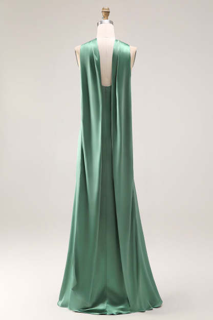 Eucalyptus Satin Halter Neck Mermaid Maxi Bridesmaid Dress with Slit