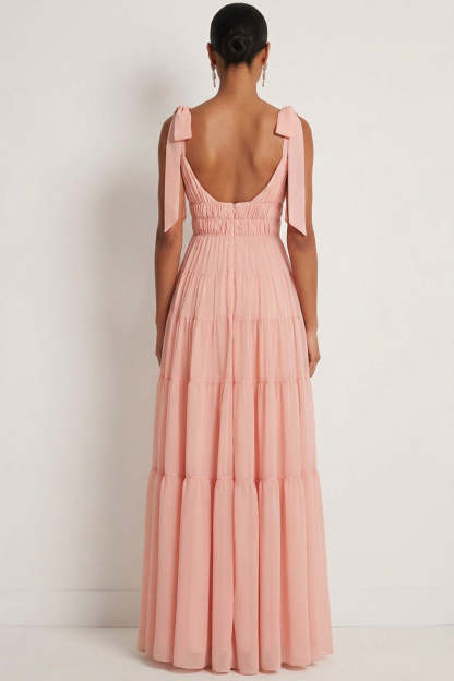 Blush A Line Spaghetti Straps Pleated Long Bridesmaid Dress with Bows