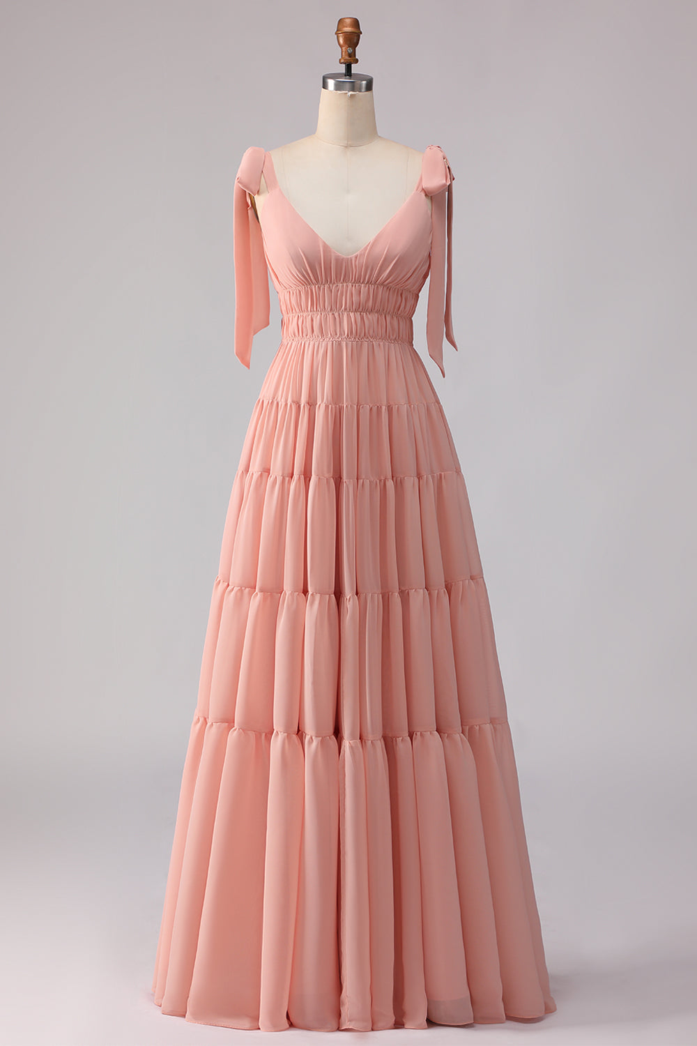 Blush A Line Spaghetti Straps Pleated Long Bridesmaid Dress with Bows