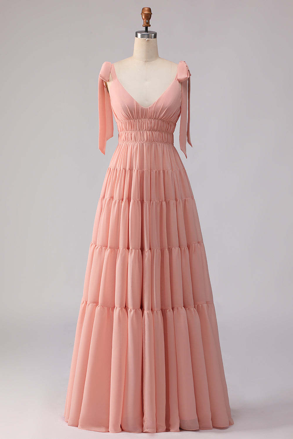 Blush A Line Spaghetti Straps Pleated Long Bridesmaid Dress with Bows
