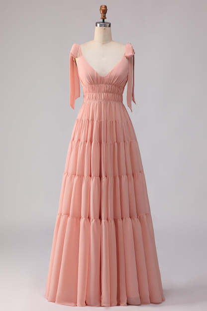 Blush A Line Spaghetti Straps Pleated Long Bridesmaid Dress with Bows