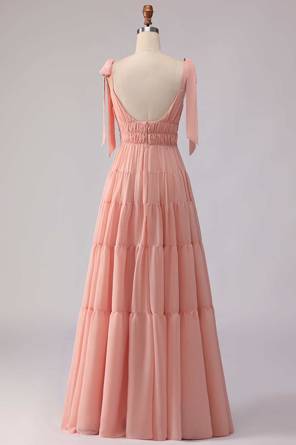 Blush A Line Spaghetti Straps Pleated Long Bridesmaid Dress with Bows