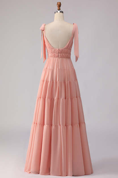 Blush A Line Spaghetti Straps Pleated Long Bridesmaid Dress with Bows