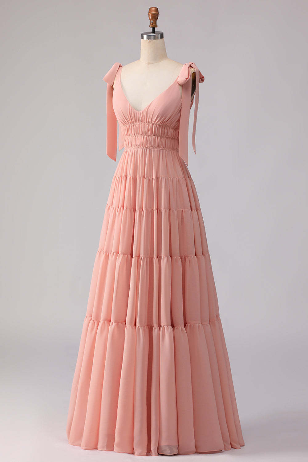 Blush A Line Spaghetti Straps Pleated Long Bridesmaid Dress with Bows