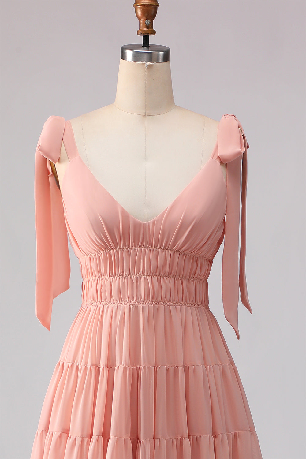 Blush A Line Spaghetti Straps Pleated Long Bridesmaid Dress with Bows