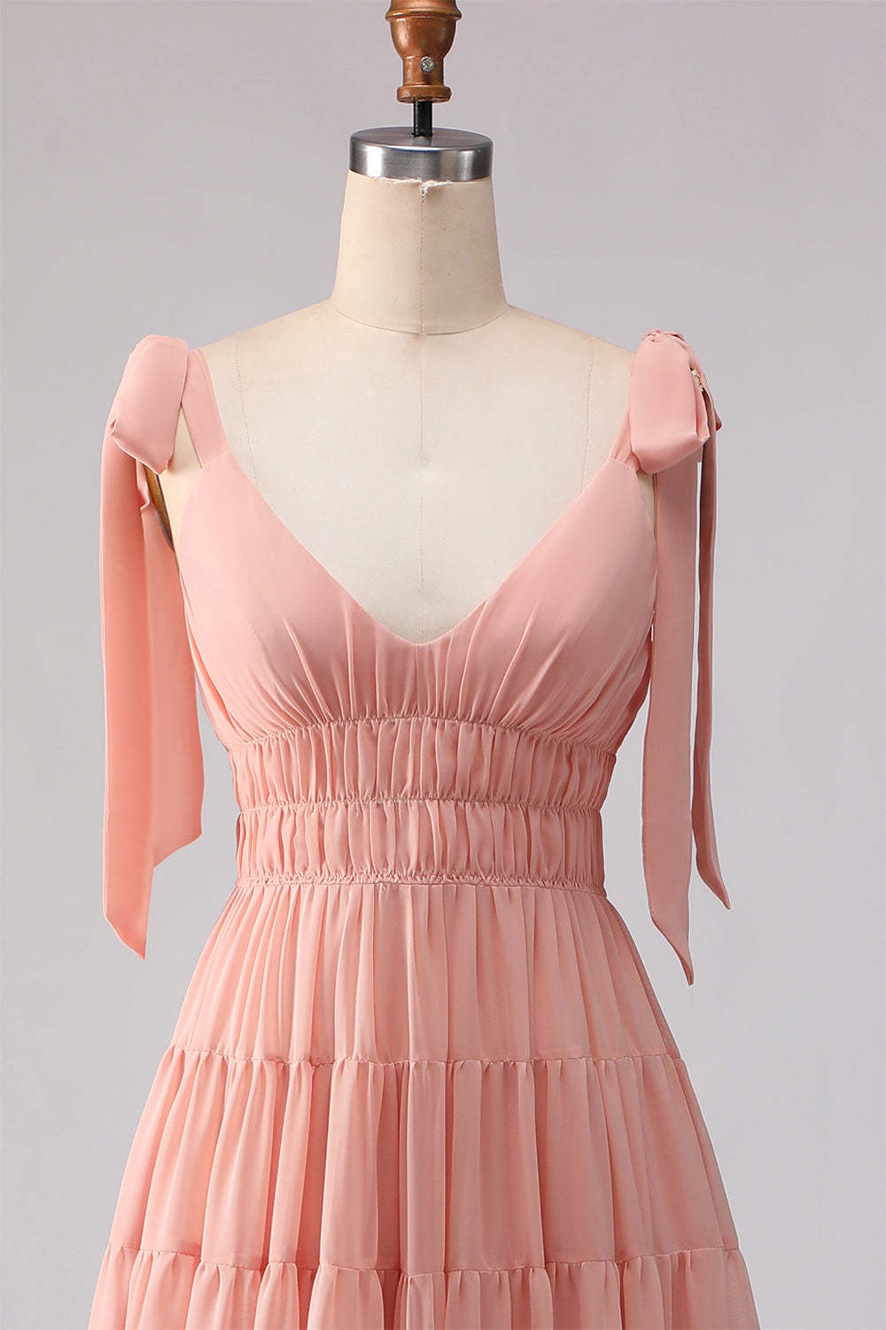 Blush A Line Spaghetti Straps Pleated Long Bridesmaid Dress with Bows