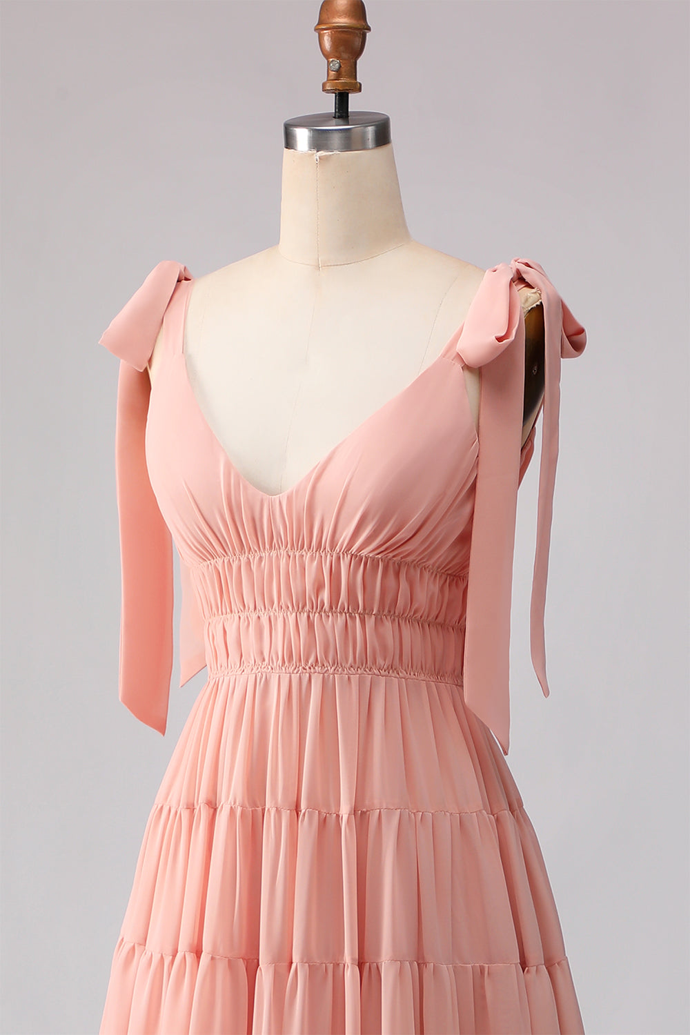 Blush A Line Spaghetti Straps Pleated Long Bridesmaid Dress with Bows