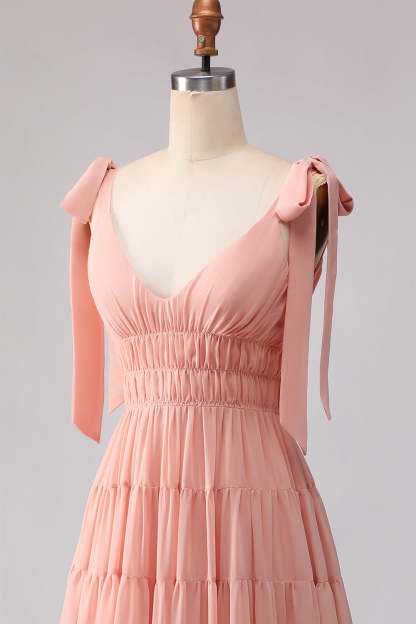 Blush A Line Spaghetti Straps Pleated Long Bridesmaid Dress with Bows