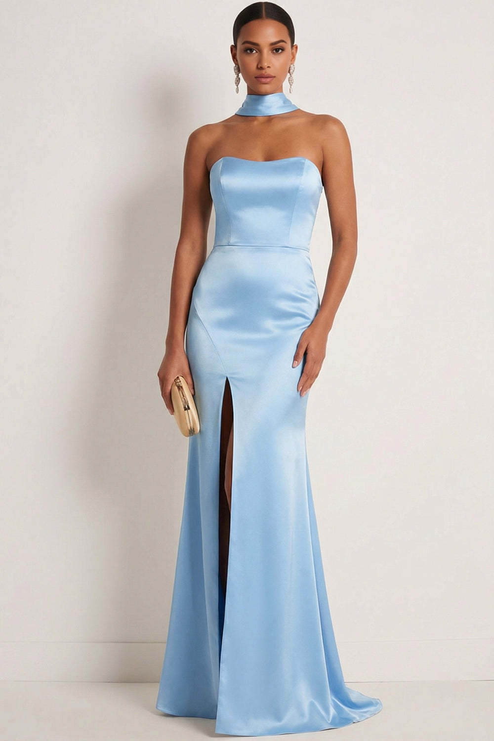Leely Women Steel Blue Mermaid Maxi Bridesmaid Dress with Slit Strapless Backless Sleeveless Wedding Guest Dress with Neck Scarf